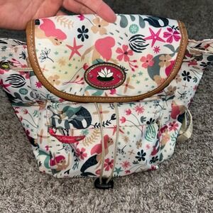 Lily Bloom Mermaid‎ Floral Print Mini Backpack Drawstring Closure Tan Trim